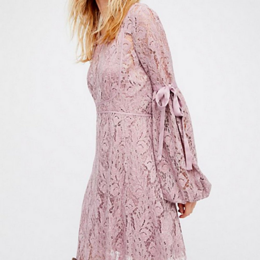 FREE PEOPLE LILAC CROCHET LACE LONG SLEEVE RUBY DRESS - Picture 3 of 5